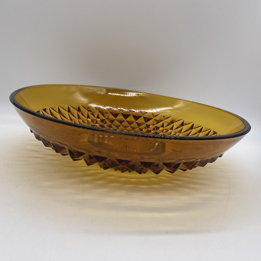 Vintage Indiana Glass Diamond Point Amber 13" Salad Serving Bowl Art Glass